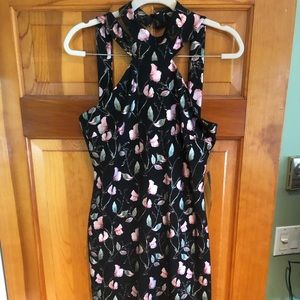 BEBE Knee Length Black/Pink Floral Formal Dress